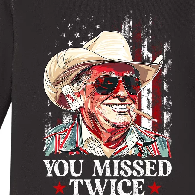 You Missed Twice Western Trump Cowboy Trump 2024 Us Flag Baby Long Sleeve Bodysuit