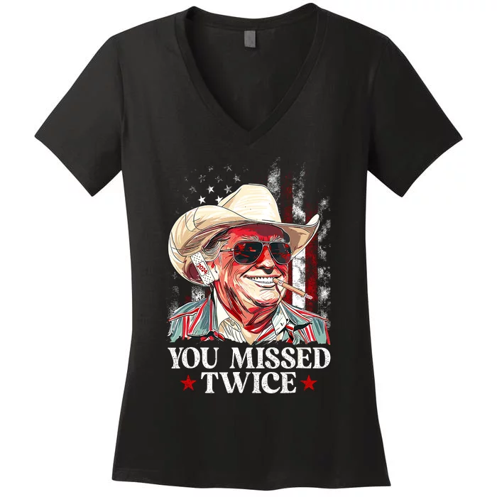 You Missed Twice Western Trump Cowboy Trump 2024 Us Flag Women's V-Neck T-Shirt