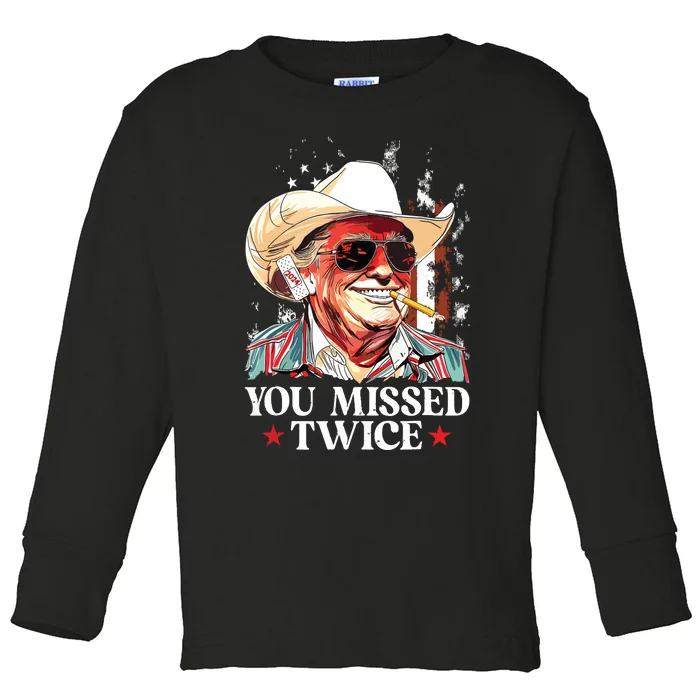 You Missed Twice Western Trump Cowboy Trump 2024 Us Flag Toddler Long Sleeve Shirt