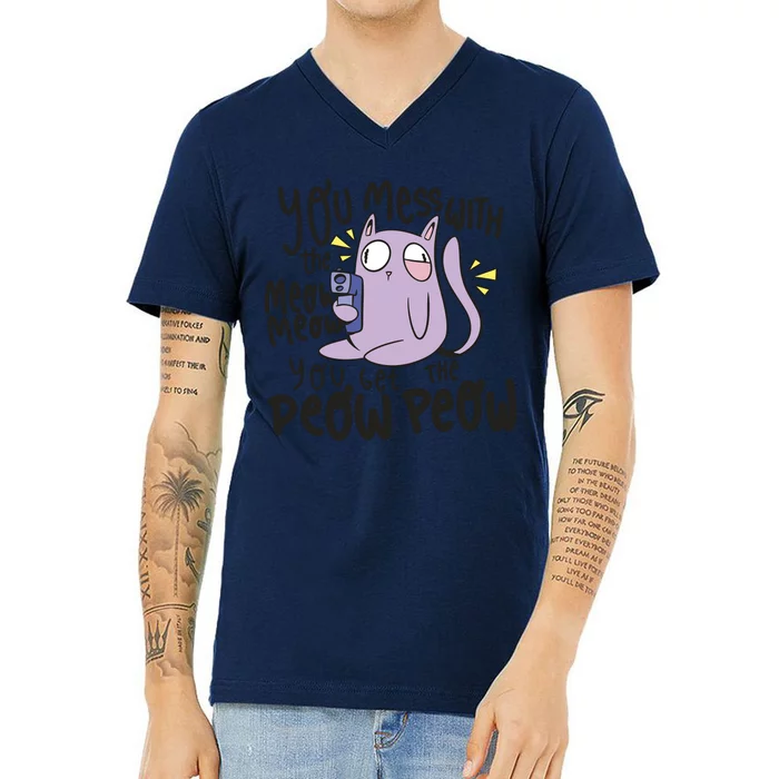 You Mess With The Meow Funny Cat V-Neck T-Shirt