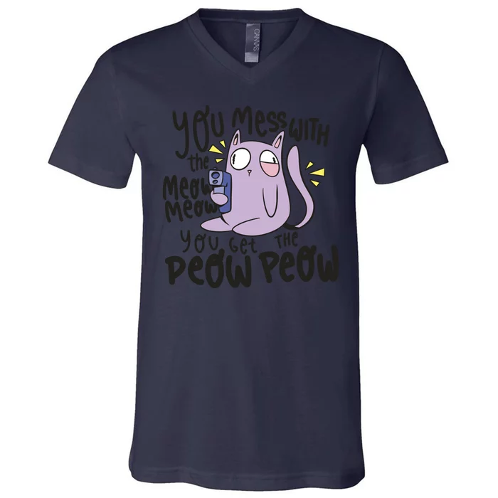 You Mess With The Meow Funny Cat V-Neck T-Shirt