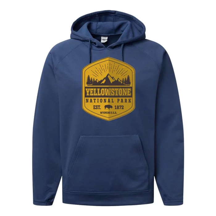 Yellowstone National Park Est 1872 Wyoming USA Gold Emblem Performance Fleece Hoodie