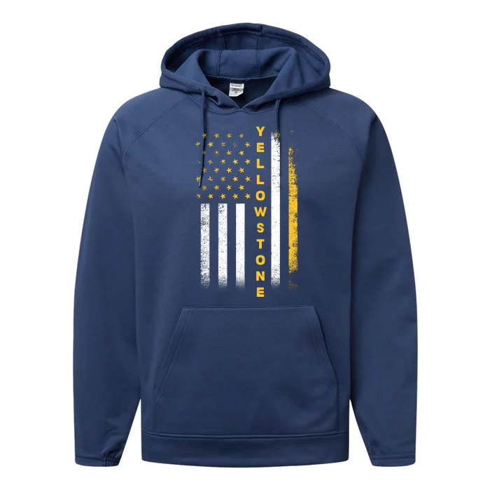 Yellowstone National Park Vintage American Flag Performance Fleece Hoodie