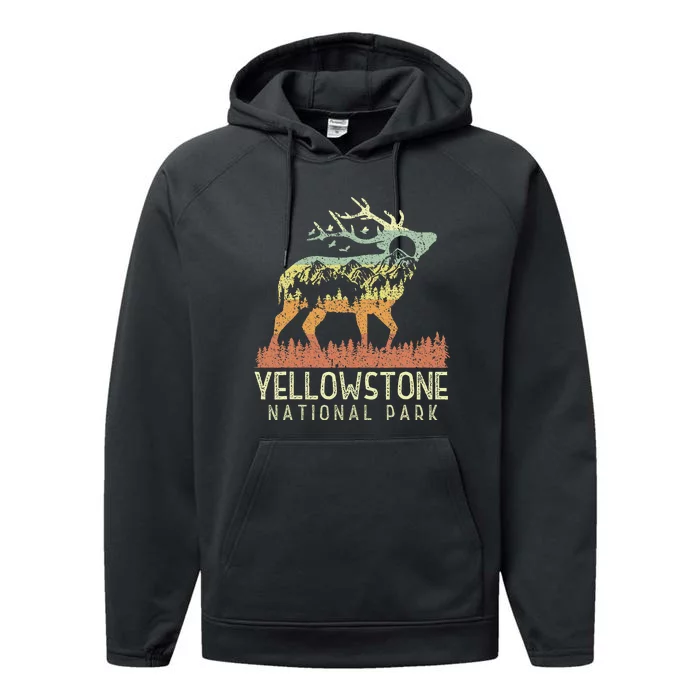 Yellowstone National Park Retro Vintage Mountain Elk Performance Fleece Hoodie