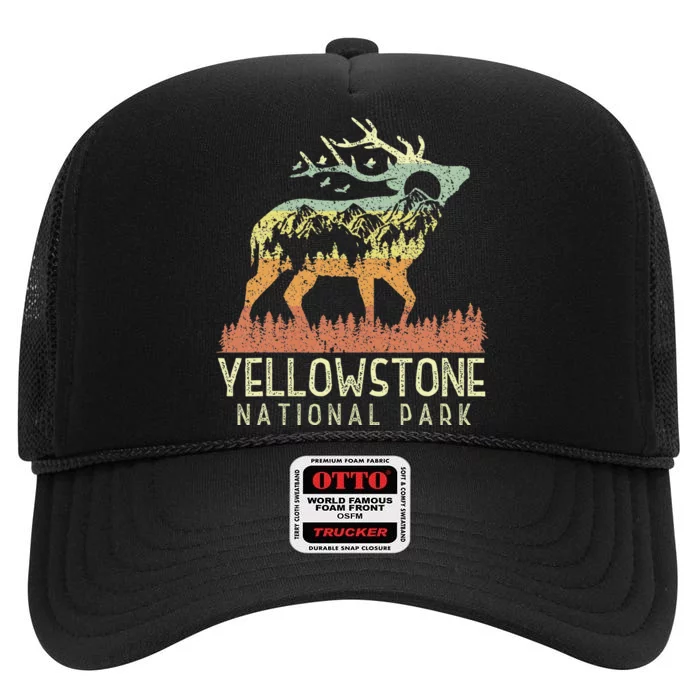 Yellowstone National Park Retro Vintage Mountain Elk High Crown Mesh Trucker Hat