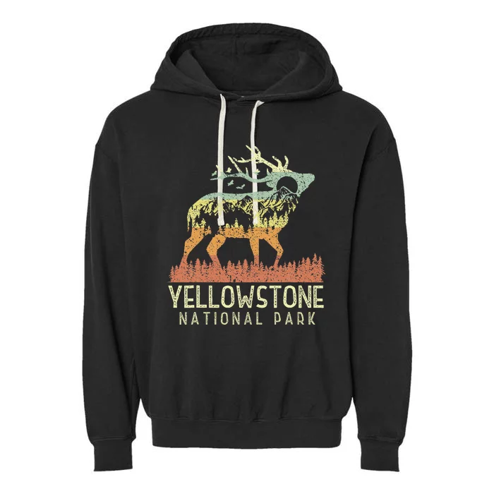 Yellowstone National Park Retro Vintage Mountain Elk Gift Garment-Dyed Fleece Hoodie