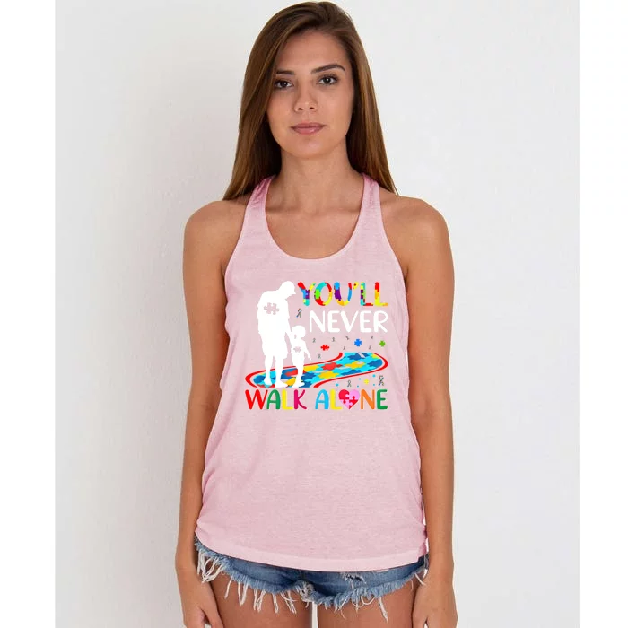 YouLl Never Walks Alone Father And Daughter Autism Autistic Gift Women's Knotted Racerback Tank