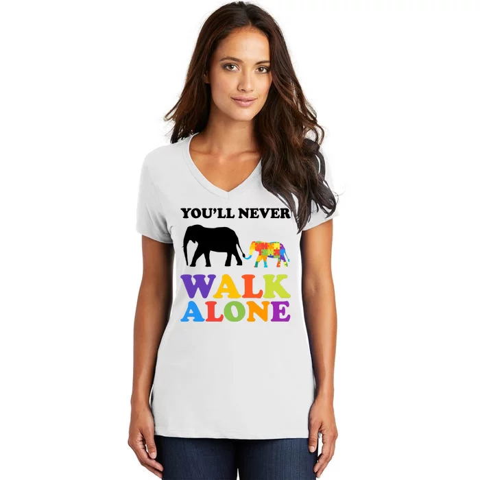 Youll Never Walk Alone Autism Awareness Elephant Women's V-Neck T-Shirt