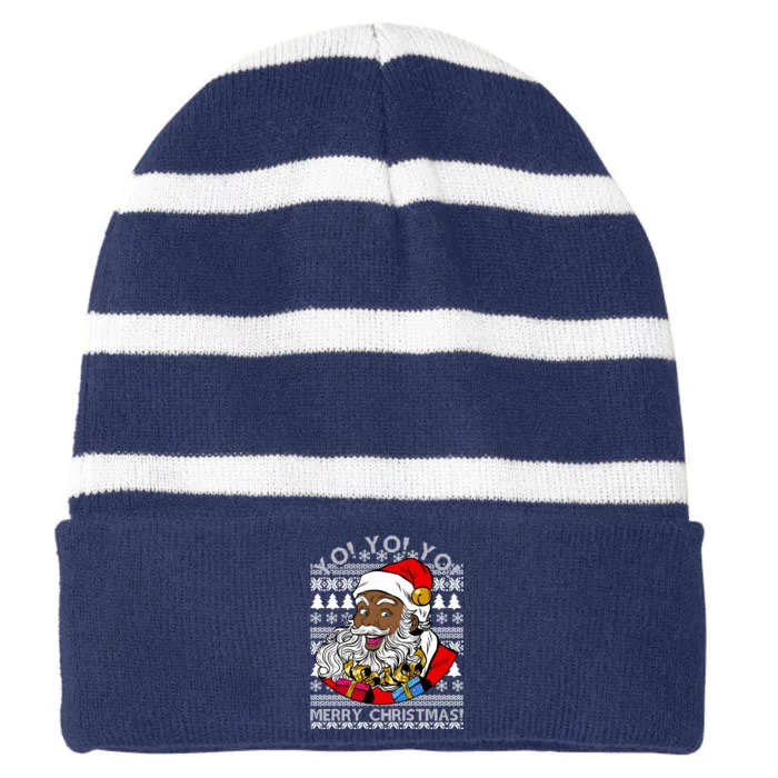 Yo Yo Yo Ho Ho Ho Black Santa Claus Ugly Christmas Striped Beanie with Solid Band