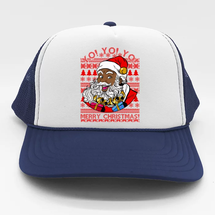 Yo Yo Yo Ho Ho Ho Black Santa Claus Ugly Christmas Trucker Hat