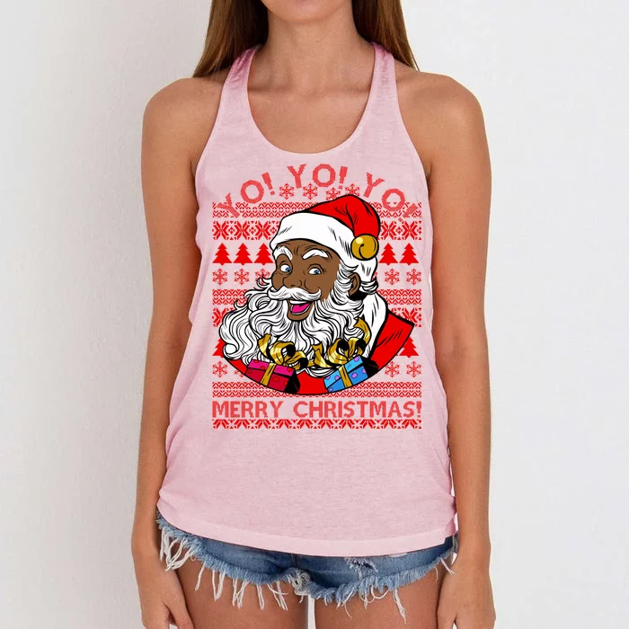 Yo Yo Yo Ho Ho Ho Black Santa Claus Ugly Christmas Women's Knotted Racerback Tank