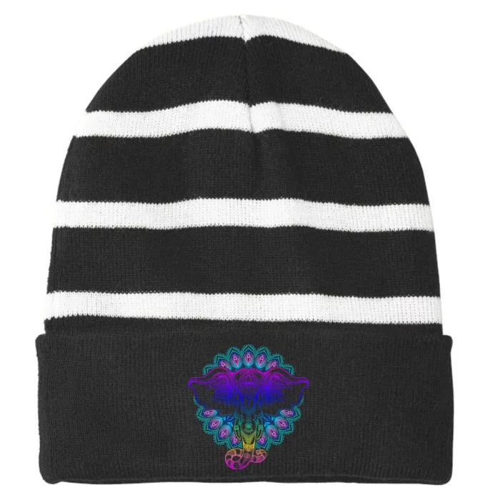 Yoga Elephant Aesthetic Ornate Stylized Striped Beanie with Solid Band