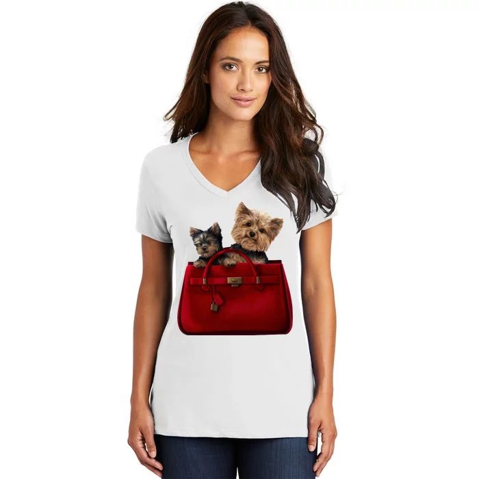 Yorki Dogs in Bag Women's V-Neck T-Shirt