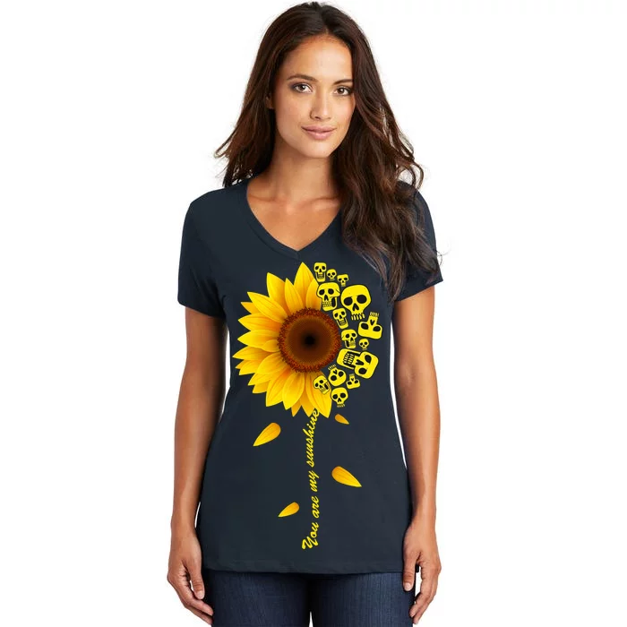 You Are My Sunshine Sunflower Skulls Women's V-Neck T-Shirt