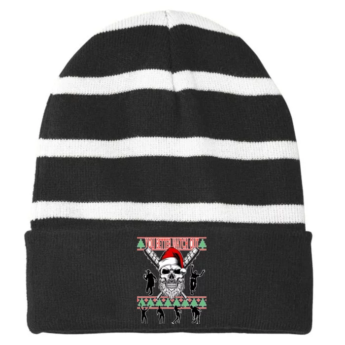 You Better Watch Out Zombie Santa Ugly Christmas Striped Beanie with Solid Band