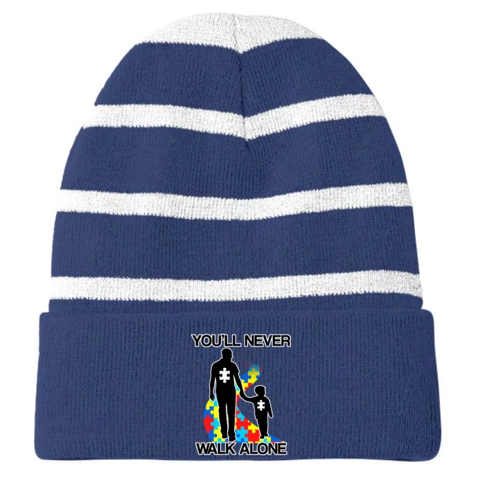 You'll Never Walk Alone Autism Awareness Striped Beanie with Solid Band