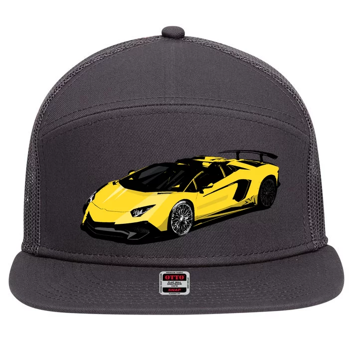 Yellow Racing Sports Car 7 Panel Mesh Trucker Snapback Hat