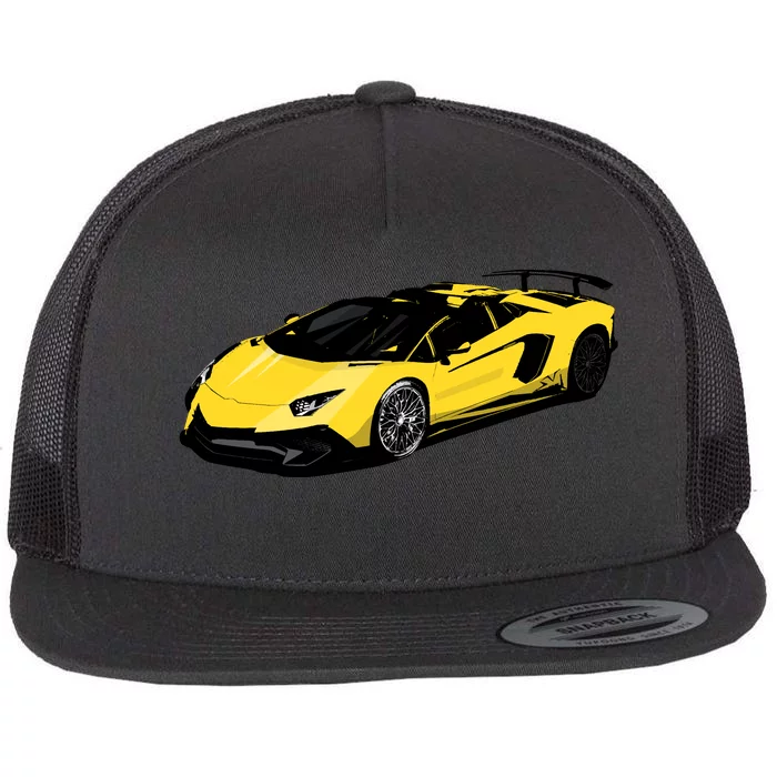 Yellow Racing Sports Car Flat Bill Trucker Hat