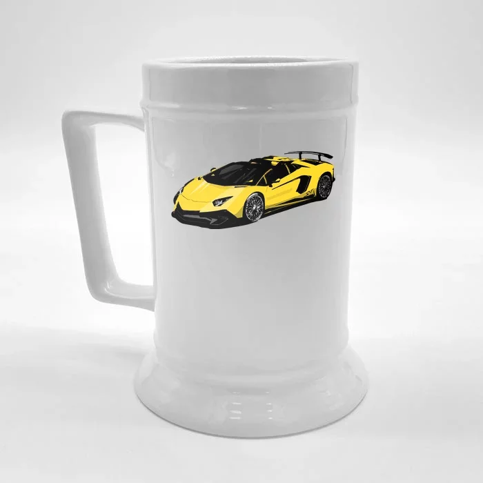 Yellow Racing Sports Car Front & Back Beer Stein