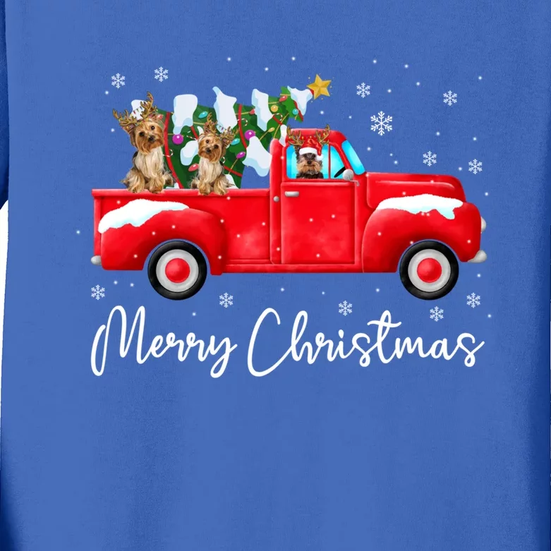 Yorkie Red Truck Christmas Funny Gift Santa Hat Dog Xmas Funny Gift Kids Long Sleeve Shirt