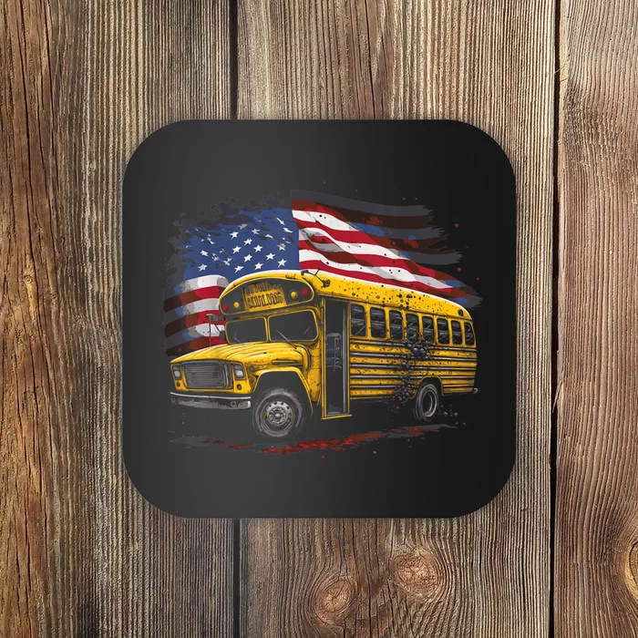 Yellow School Bus Driver On American Flag Coaster