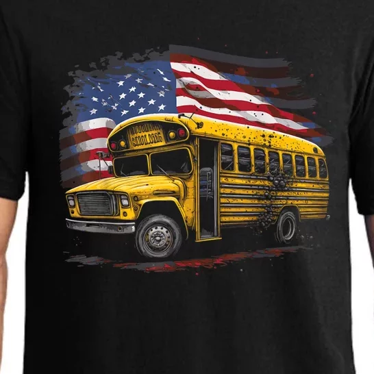 Yellow School Bus Driver On American Flag Pajama Set