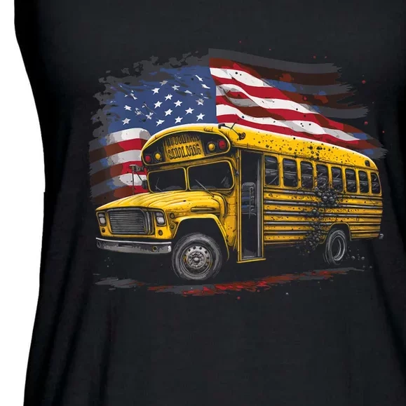 Yellow School Bus Driver On American Flag Ladies Essential Flowy Tank