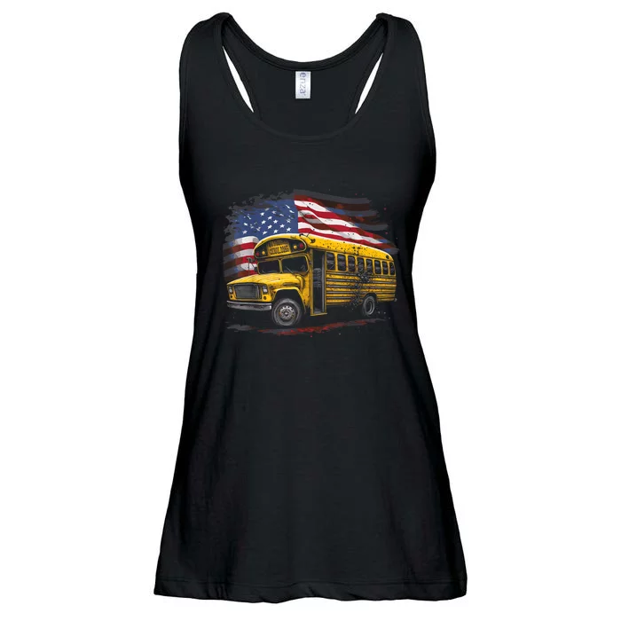 Yellow School Bus Driver On American Flag Ladies Essential Flowy Tank