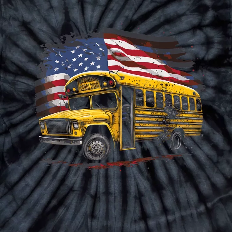 Yellow School Bus Driver On American Flag Tie-Dye T-Shirt