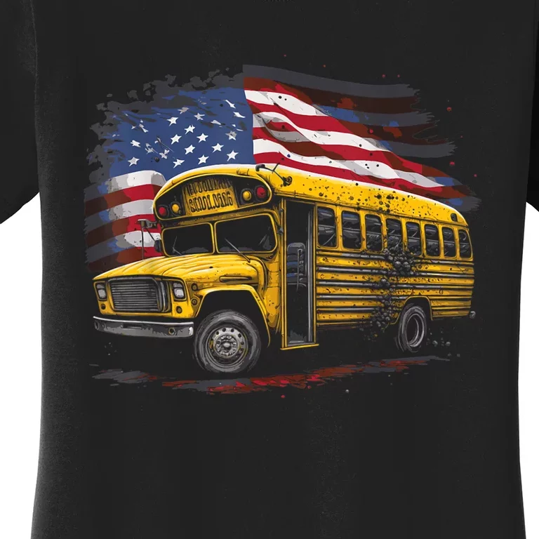 Yellow School Bus Driver On American Flag Women's T-Shirt