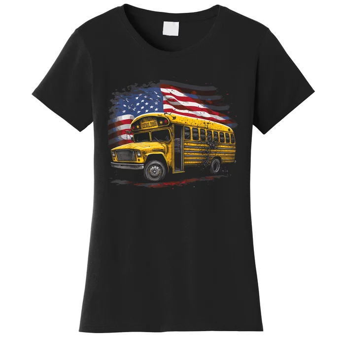 Yellow School Bus Driver On American Flag Women's T-Shirt