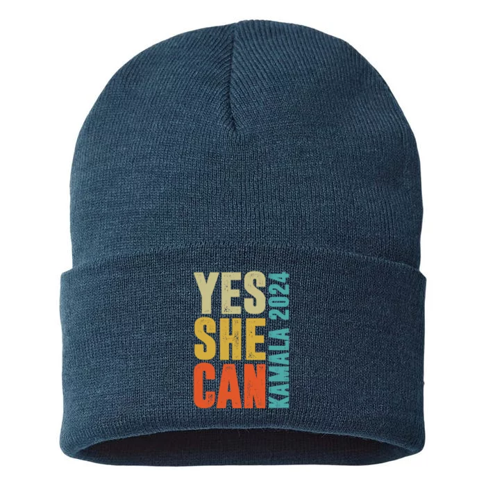 Yes She Can Kamala 2024 Retro Colors Sustainable Knit Beanie