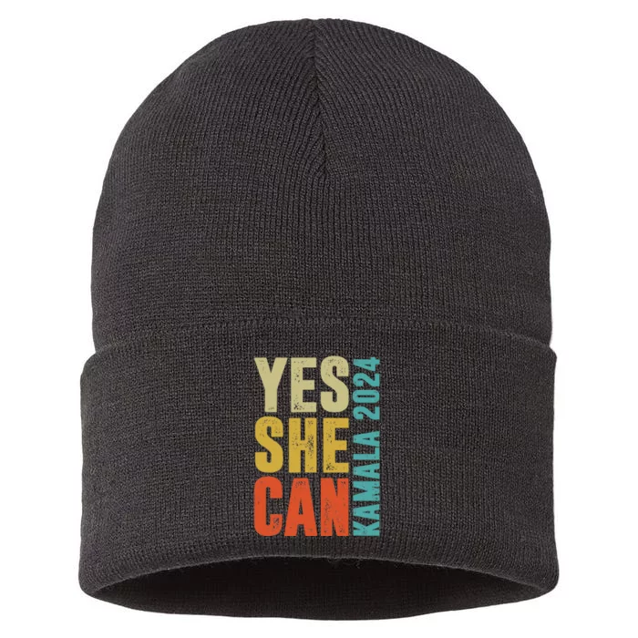 Yes She Can Kamala 2024 Retro Colors Sustainable Knit Beanie