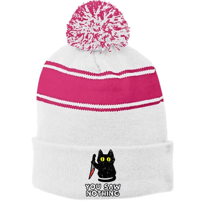 You Saw Nothing Black Cat Funny Halloween Stripe Pom Pom Beanie