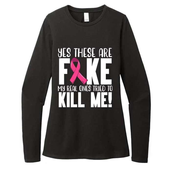 Yes These Are Fake Breast Cancer Awareness Month Pink Ribbon Gift Womens CVC Long Sleeve Shirt