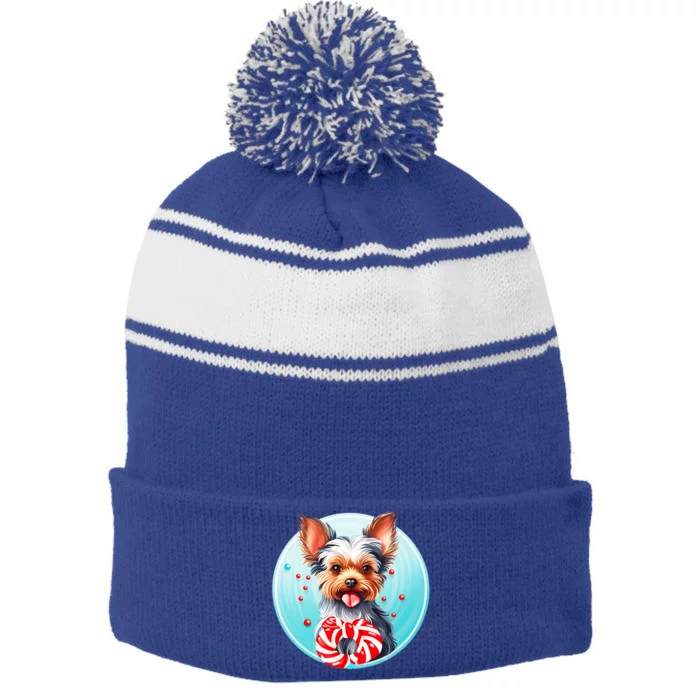 Yorkshire Terrier Christmas Holiday Adorable Puppy Dog Pet Gift Stripe Pom Pom Beanie