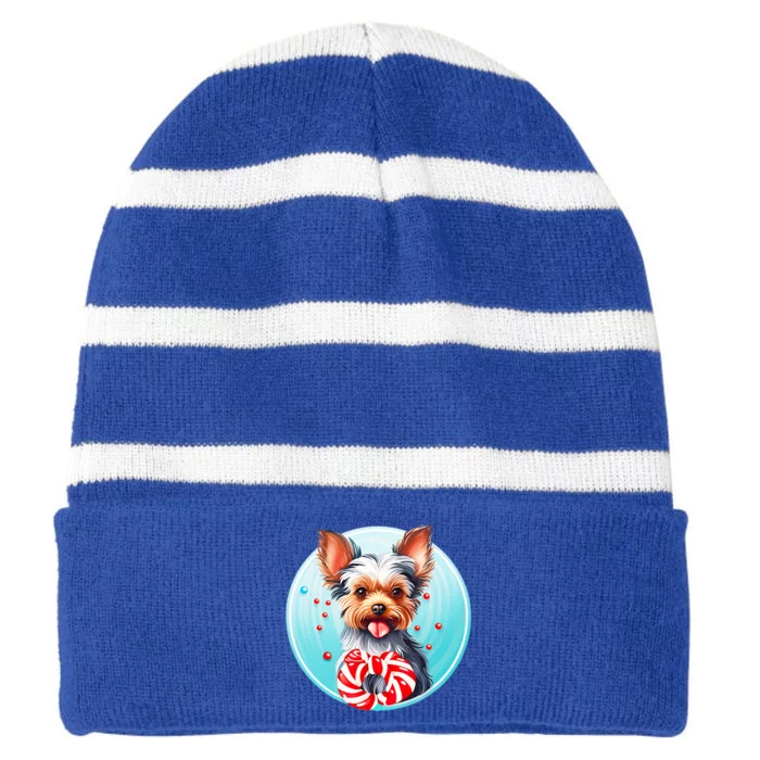 Yorkshire Terrier Christmas Holiday Adorable Puppy Dog Pet Gift Striped Beanie with Solid Band