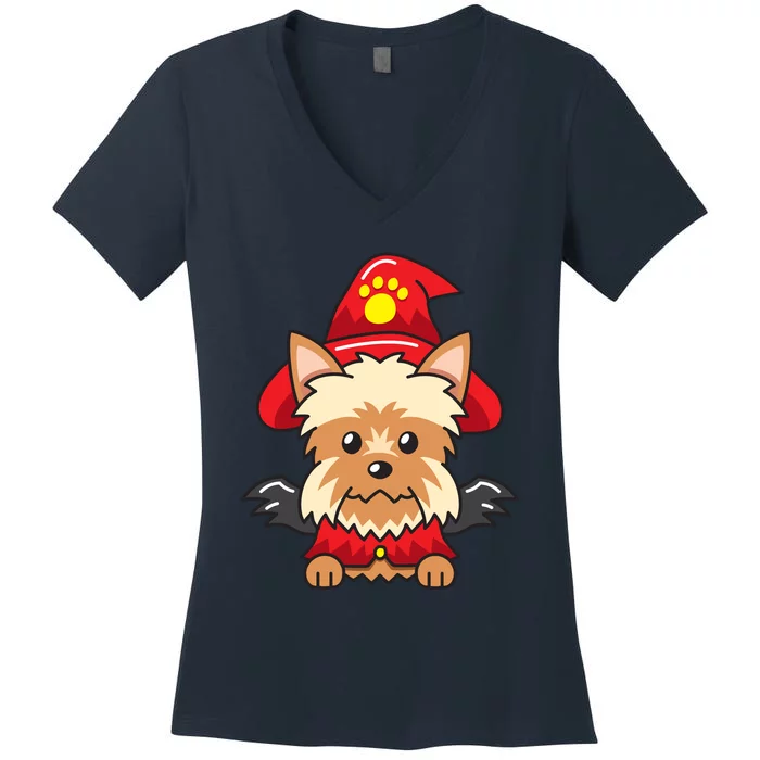 Yorkshire Terrier Dog With Halloween Costume Women's V-Neck T-Shirt