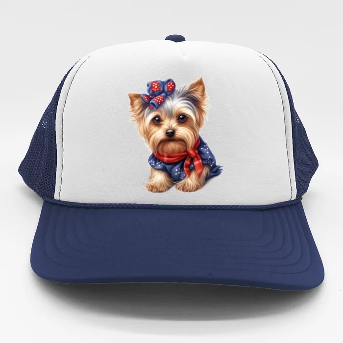 Yorkshire Terrier Dog Cute Yorkshire Terrier Puppy USA Flag Yorkie Trucker Hat