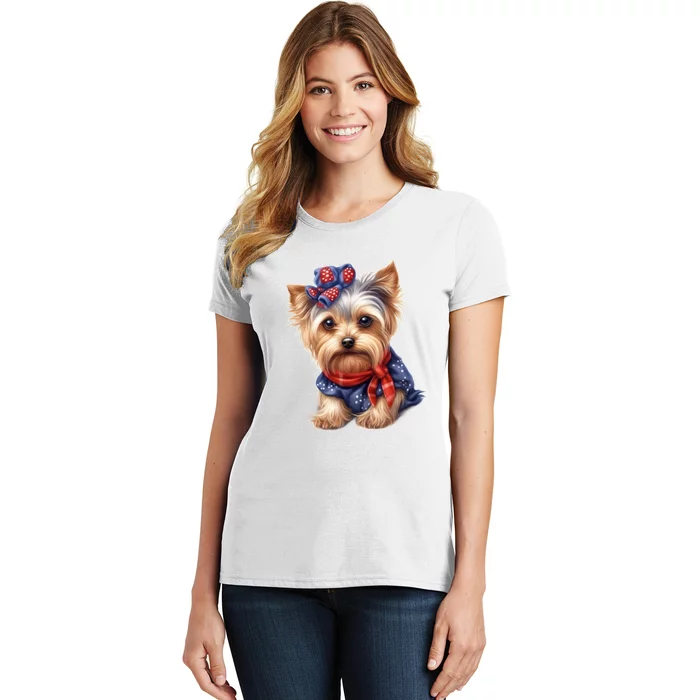 Yorkshire Terrier Dog Cute Yorkshire Terrier Puppy USA Flag Yorkie Women's T-Shirt