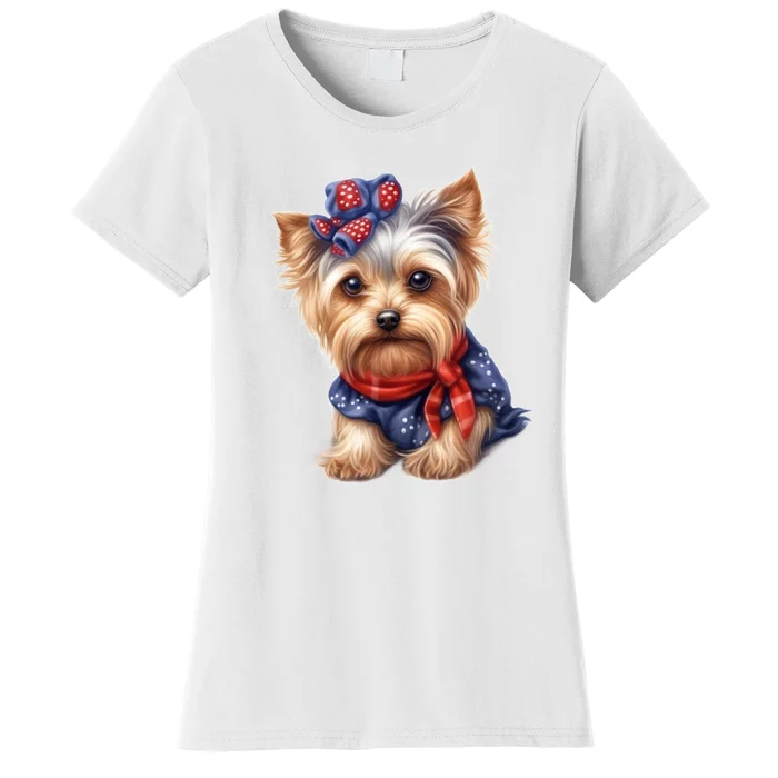 Yorkshire Terrier Dog Cute Yorkshire Terrier Puppy USA Flag Yorkie Women's T-Shirt