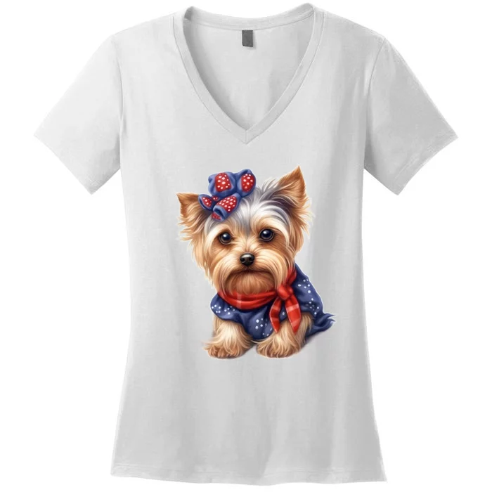 Yorkshire Terrier Dog Cute Yorkshire Terrier Puppy USA Flag Yorkie Women's V-Neck T-Shirt