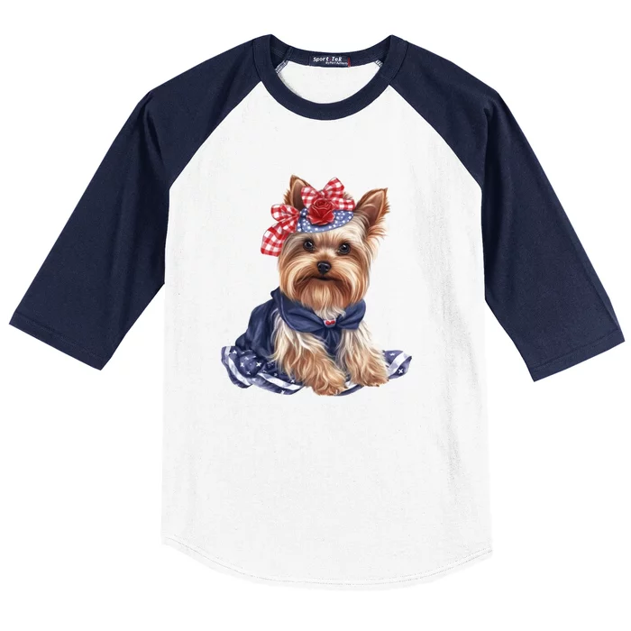 Yorkshire Terrier Dog Cute Yorkshire Terrier Puppy USA Flag Yorkie Baseball Sleeve Shirt