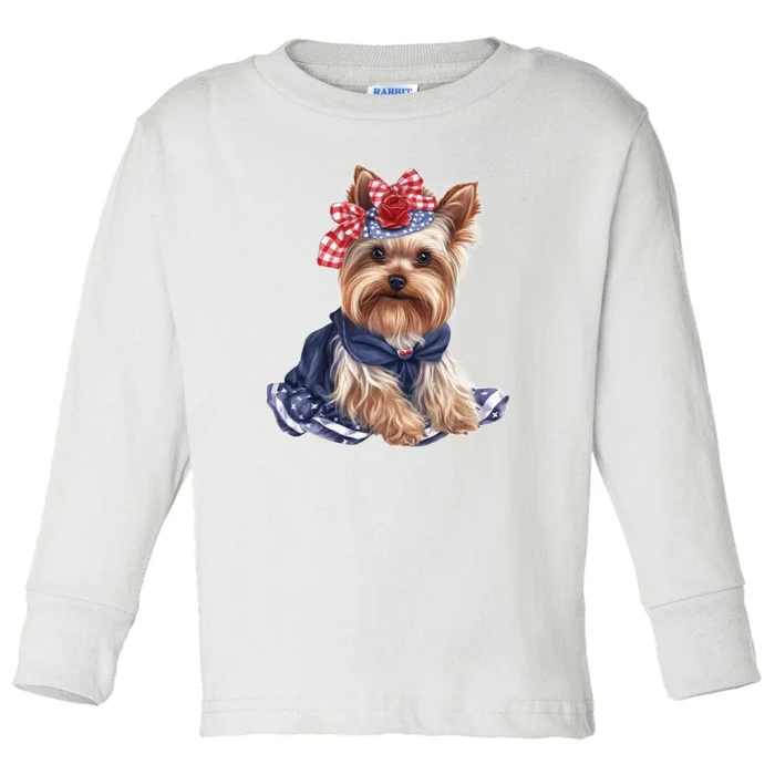 Yorkshire Terrier Dog Cute Yorkshire Terrier Puppy USA Flag Yorkie Toddler Long Sleeve Shirt