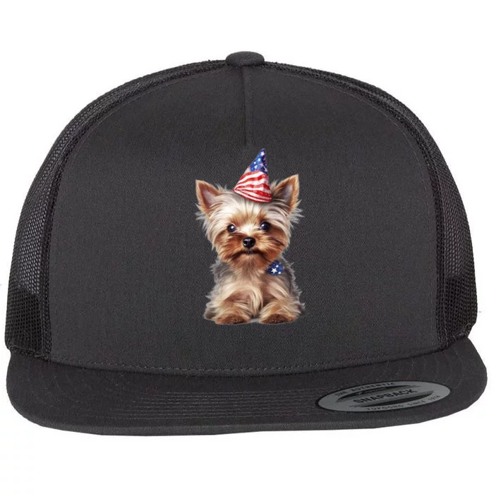 Yorkshire Terrier Dog Cute Yorkshire Terrier Puppy USA Flag Yorkie Flat Bill Trucker Hat