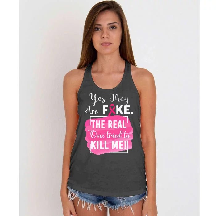 Yes They're Fake Pink Ribbon Breast Cancer Survivor Women's Knotted Racerback Tank