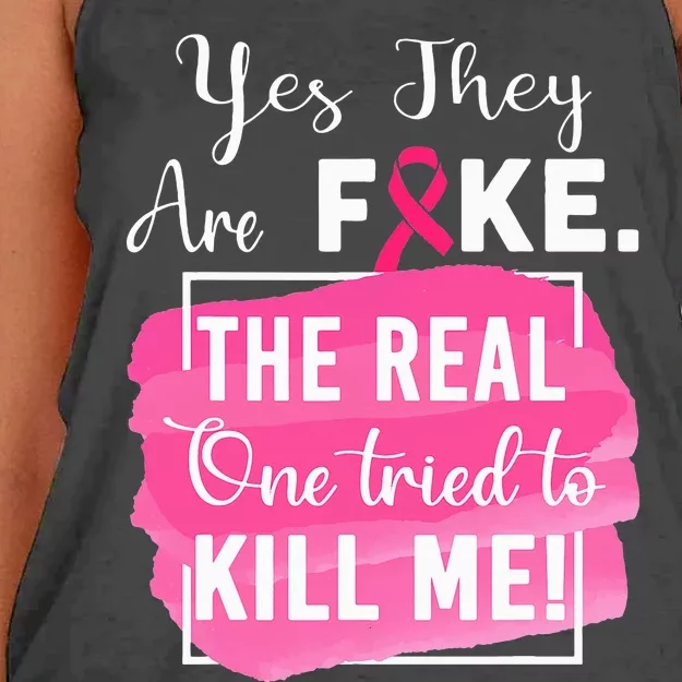 Yes They're Fake Pink Ribbon Breast Cancer Survivor Women's Knotted Racerback Tank