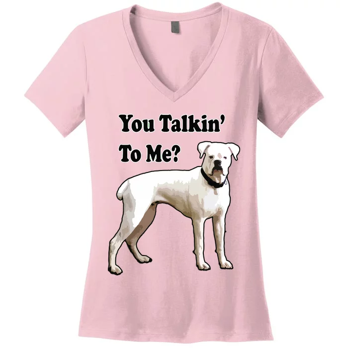 You Talkin To Me White Boxer Dog With Attitude Women's V-Neck T-Shirt