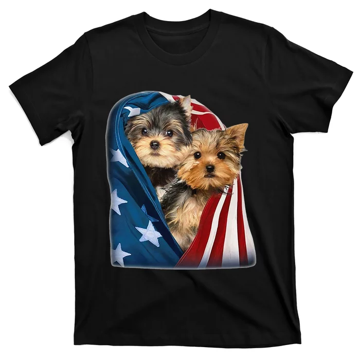 Yorkshire Terrier US Flag July 4th Patriotic Yorkie Puppies T-Shirt