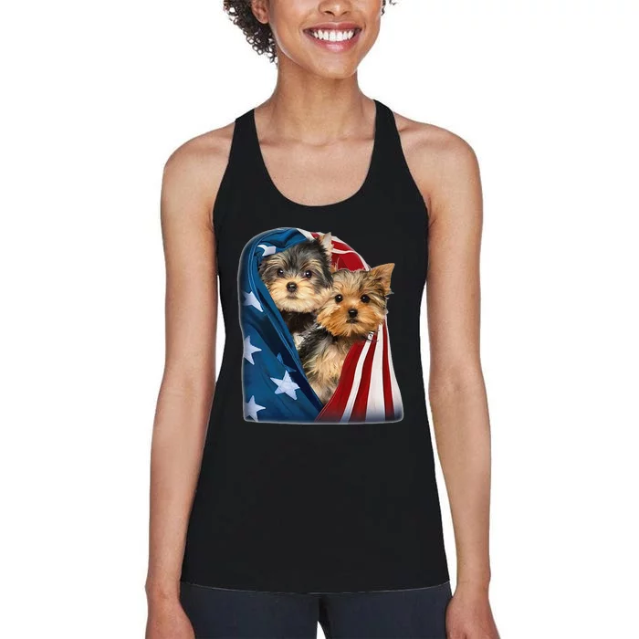 Yorkshire Terrier US Flag July 4th Patriotic Yorkie Puppies Women's Racerback Tank